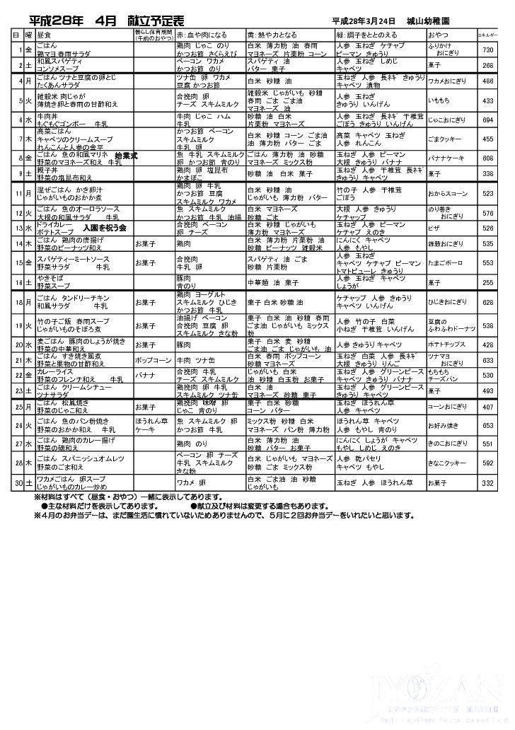 平成２８年　４月献立予定表